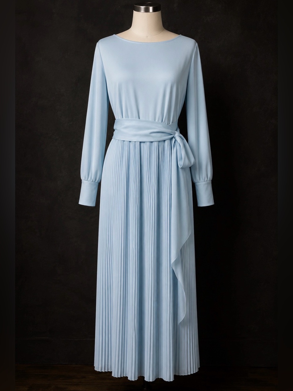 Vintage 70s - Bleeker Street  Long Sleeve Pleated Maxi Dress with Waist Tie